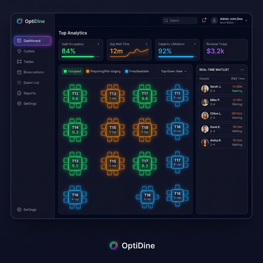 OptiDine table seating control dashboard